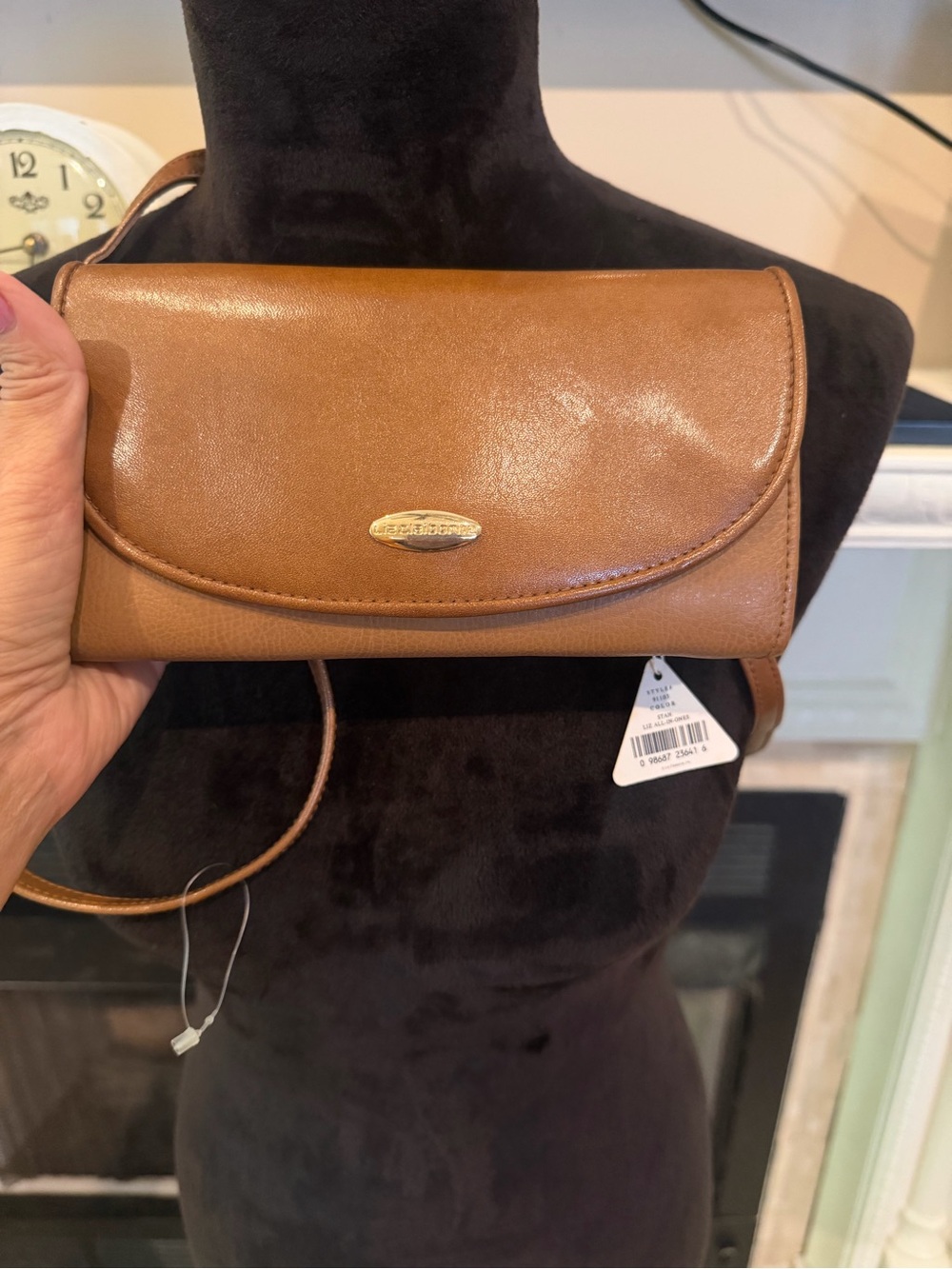 Liz Claiborne Tan Leather Crossbody Wallet with Gold-Tone Logo